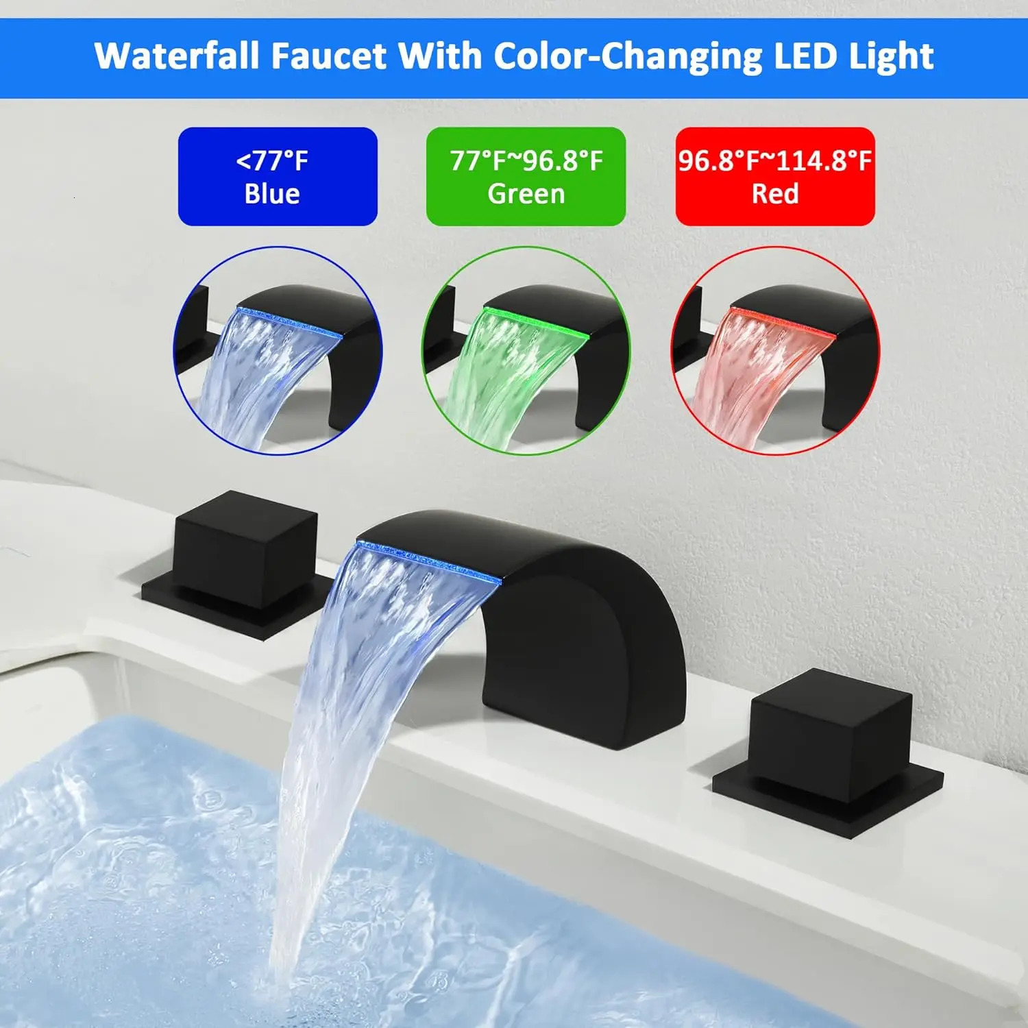 LED Bathroom Faucets Waterfall Vanity Faucet 3 Holes Widespread Two Handle Lavatory Sink with Colors Changing Light 240625