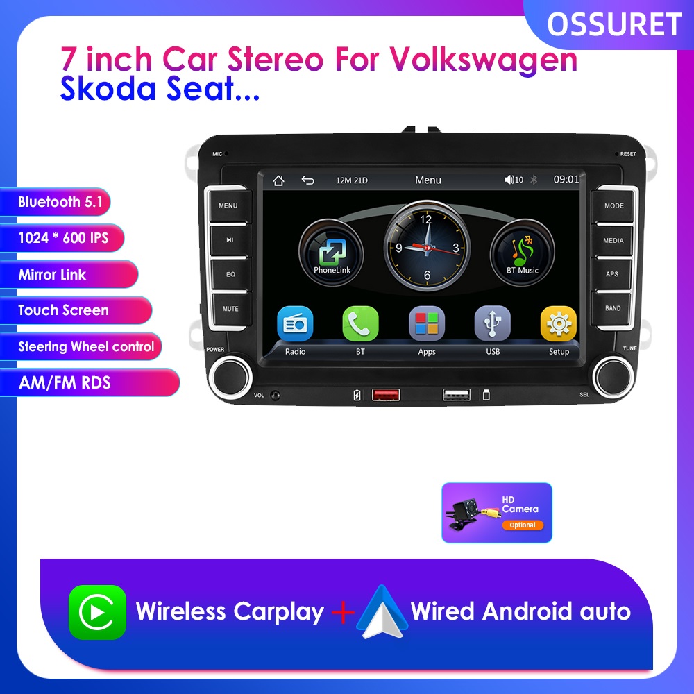 7'' 2 Din Car Stereo for VW Volkswagen Skoda Seat Golf Passat Polo Jetta Tiguan Touran MP5 Player Carplay Android Auto BT USBSWC