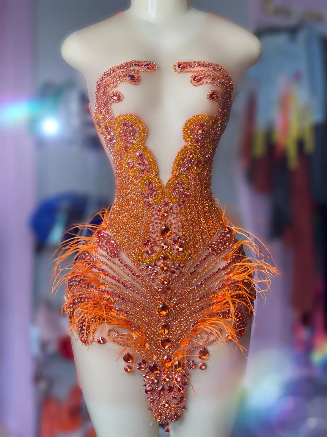 Orange Crystals Feather Short Prom Dresses For Black Girls See Through Sexy African American Cocktail Dresses Birthday Party Homecoming Gowns J026