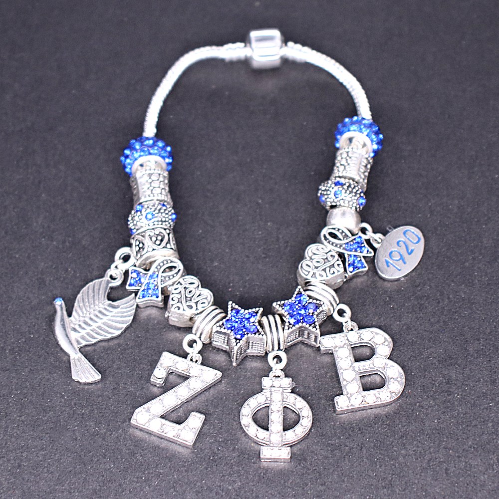 Double Nose Blue Crystal Beads Greek Letters Zeta Phi Beta 1920 Dove Charm ZPB Bracelets College Group Souvenir Gifts