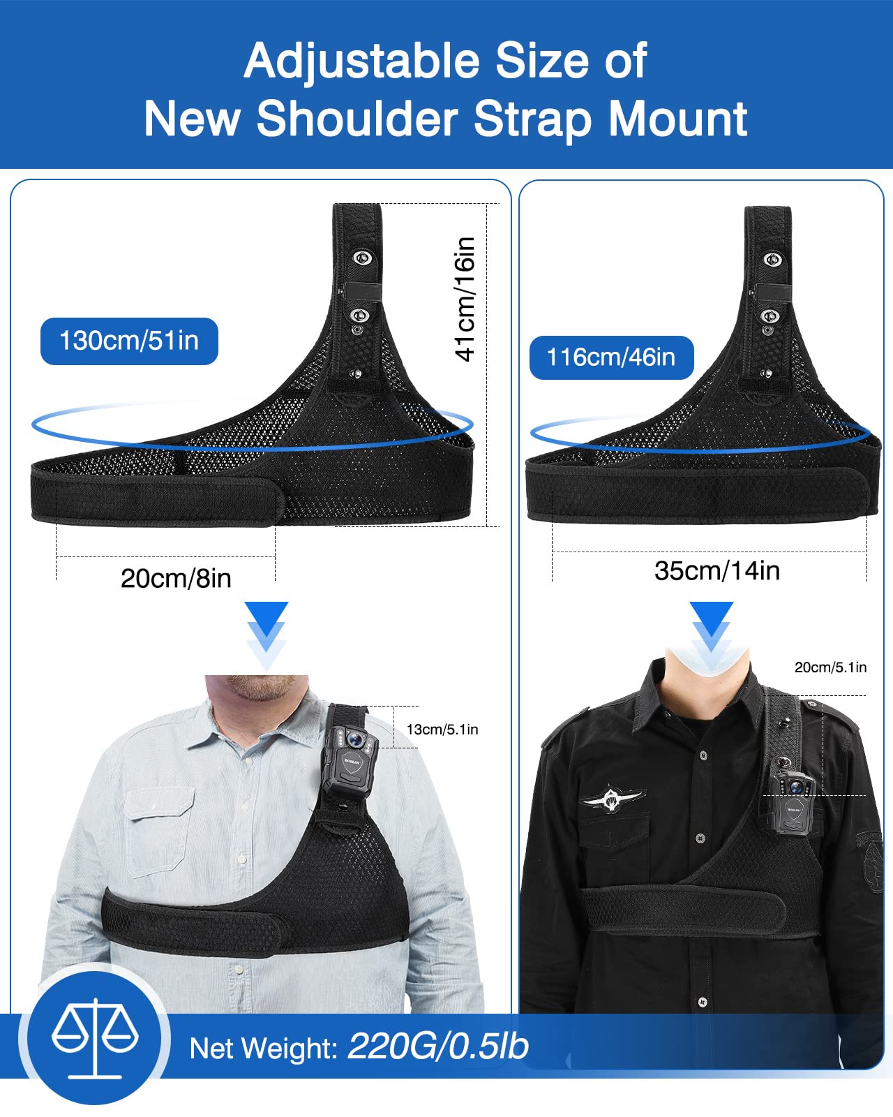 BOBLOV Body Camera Chest Vest Durable Shoulder Single Vest for All Body Camera Velcro Wearing with Adjustable Size N9 KJ21 M5
