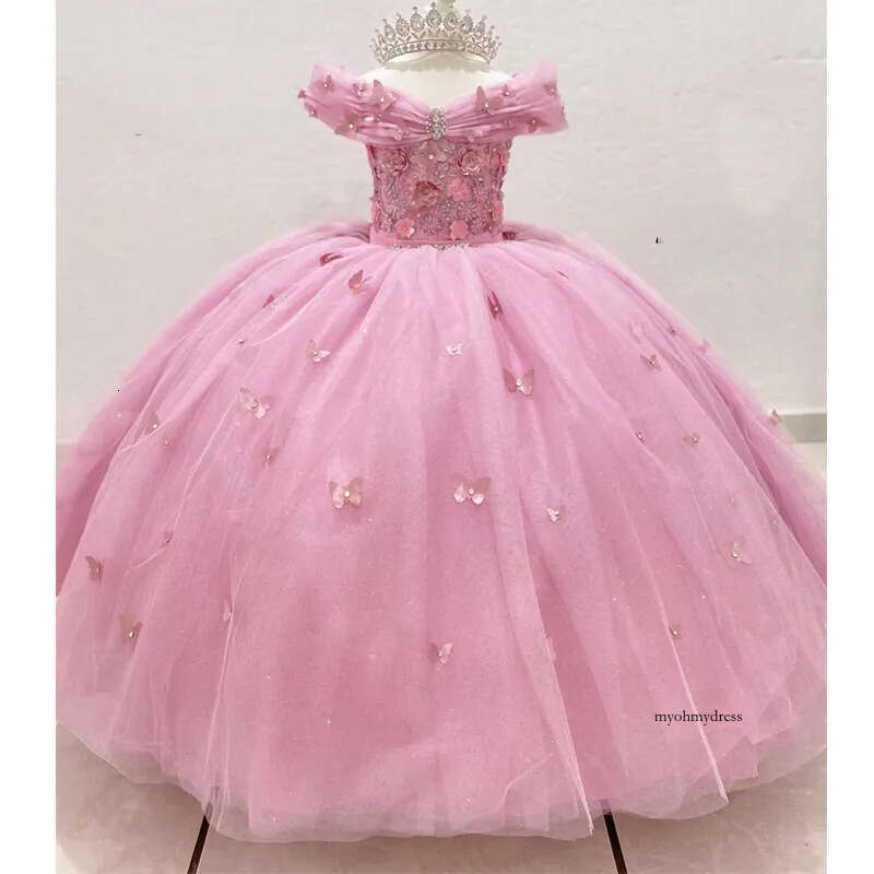 Pink Shiny Flower Girls Dress Off Shoulder Princess Ball Gown For Birthday Lace Crystals Beads Bow Vestidos Para Ninas 0629