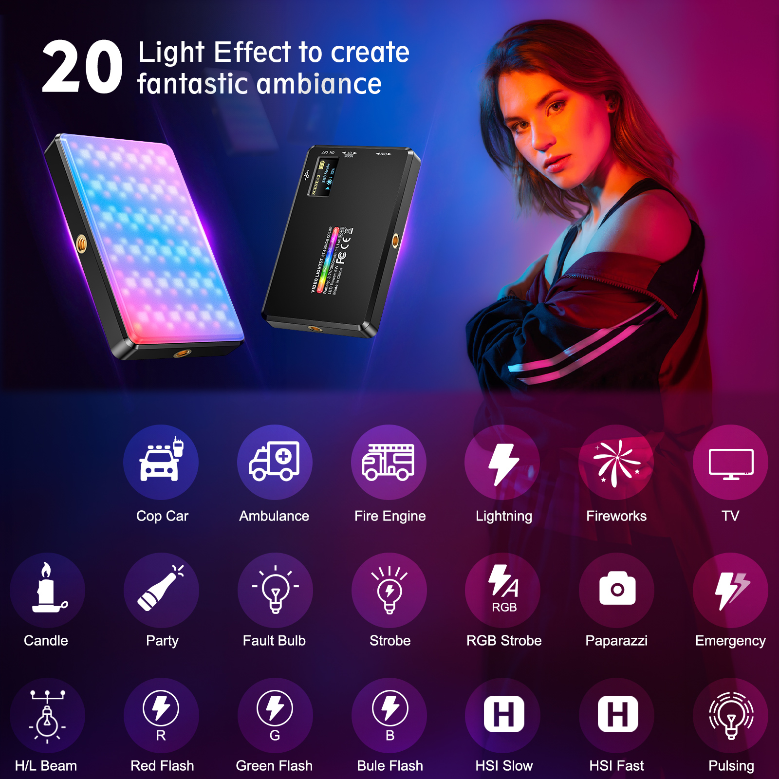 120 RGB LED Video Light 5 Inch Video Light Dimmable 2500 K-9000 K Camera Light with Cold Shoe Mount Built-in 3100 mAh Battery