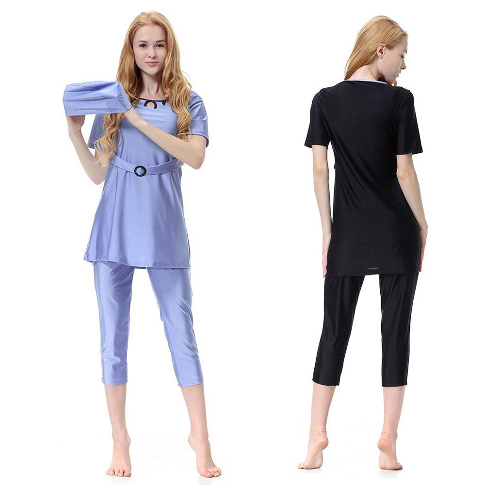 Women's Muslim Swimwear Plus Size S-XXXL blouse+Capri pants+cap 3pcs Swimsuit Girls Islamic National Modest Swimming Beachwear