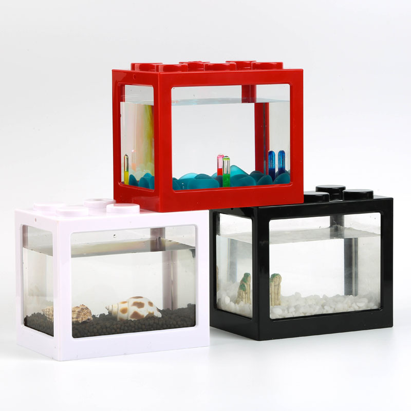 USB Mini Fish Tank Betta Mini Aquarium with LED Light Creative Building block home office Tea Table decoration Fish Feeding box