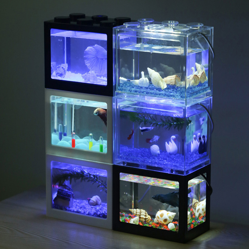 Multicolor Stackable Aquarium Tank with Air Vent Box Accessories Mini Building Blocks Betta Fish Tank LED Light Small Pet Cage