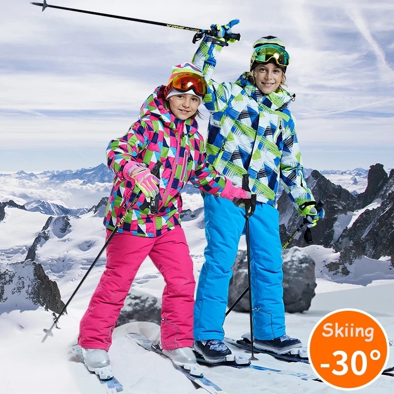 -30 degree Kids Ski Suit Boy Girls Winter Outdoor Sports Waterproof Skiing Snowboarding Jackets Snow Pants Children clothing Set