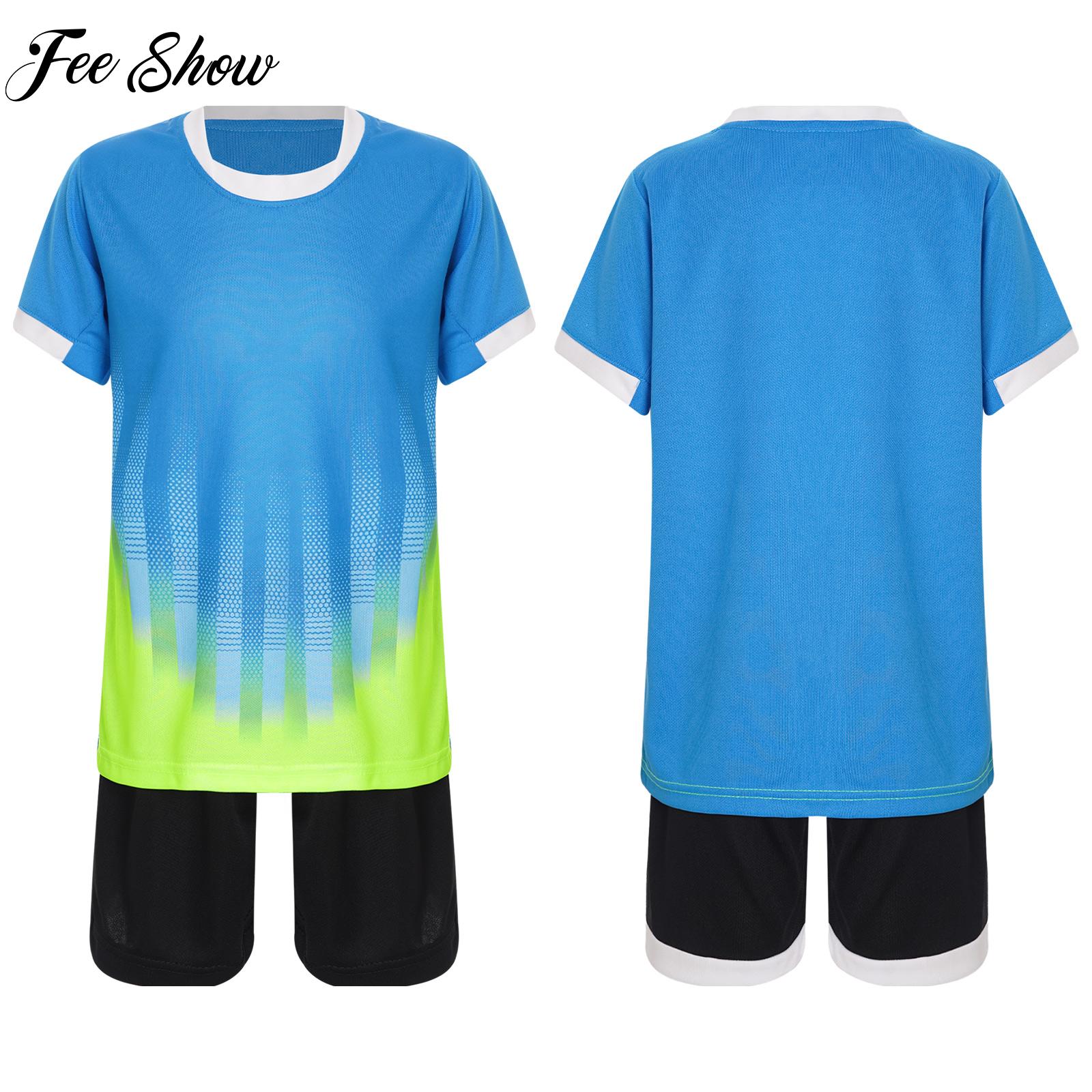 Kids Boys Girls Quick-Drying Football Uniform Round Neck Short Sleeve T-shirt with Drawstring Elastic Waistband Shorts