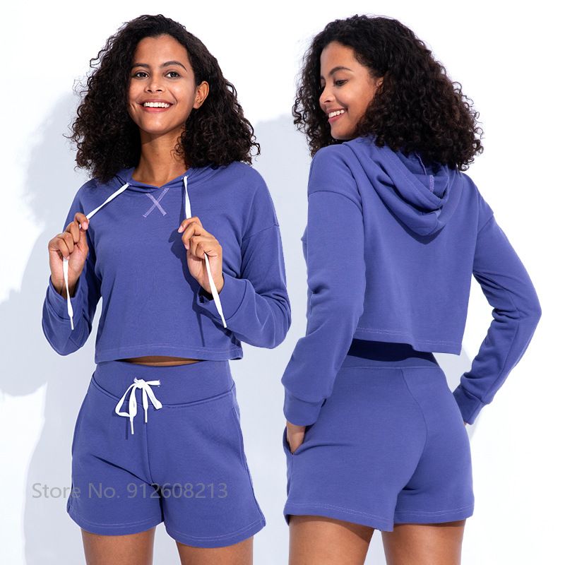 Women Loose Tracksuits Sports Tennis Clothing Set Hooded Crop Tops High Waist Shorts 2 Piece Set Long Sleeve Gym Active Wear
