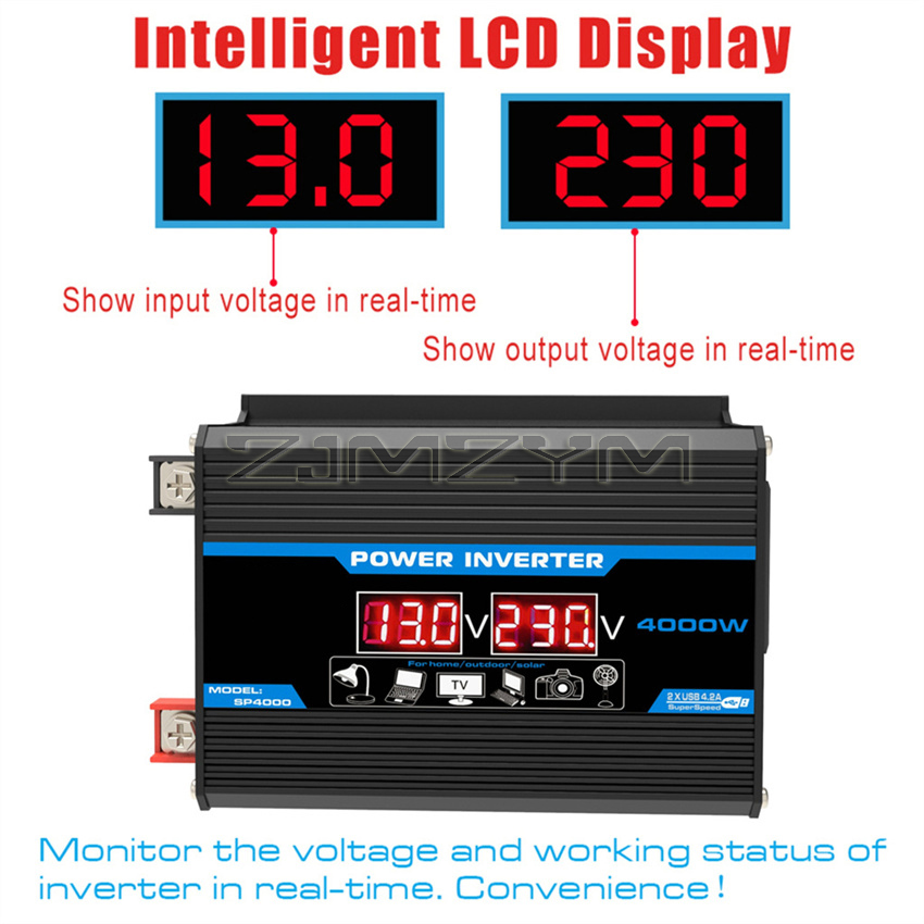 Car Power Pure Sine Wave Inverter DC 12V To AC 220/110V Peak 4000W Car Sine Wave Converter Dual USB Converte With LED Display