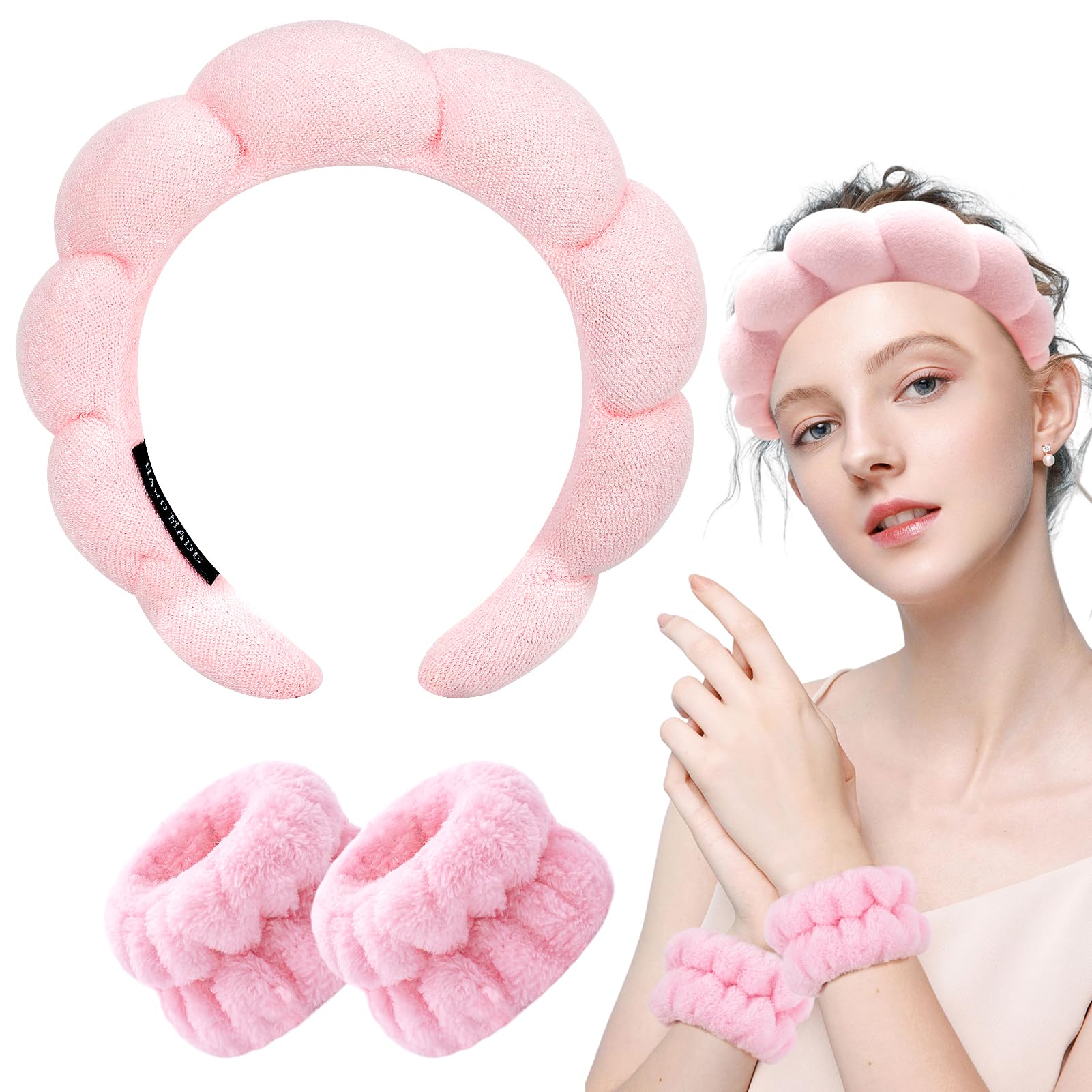 Spa Headband for Washing Face Wristband Set Sponge Makeup Skincare Headband Wrist Towels Bubble Soft Get Ready Hairband for Wome