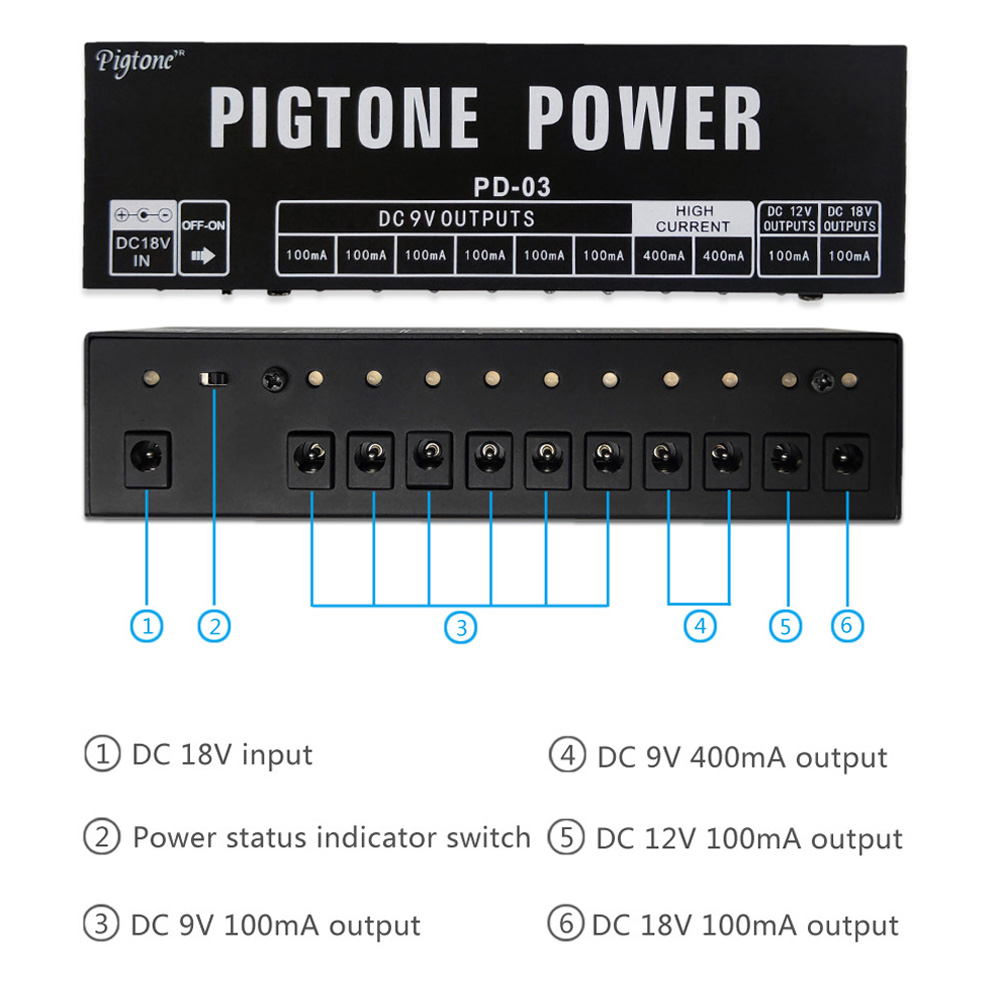 Pedal Power Supply 10 Way Output DC 9V 12V 18V for Electric Guitar Effect Pedal PD-03