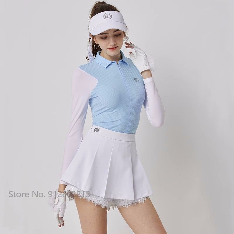 Blktee Summer Lady Long Sleeve Sunscreen Golf Shirt Ice Silk Tops Zipper Collar T-Shirt Women Pleated Skirt High Waist Skort Set