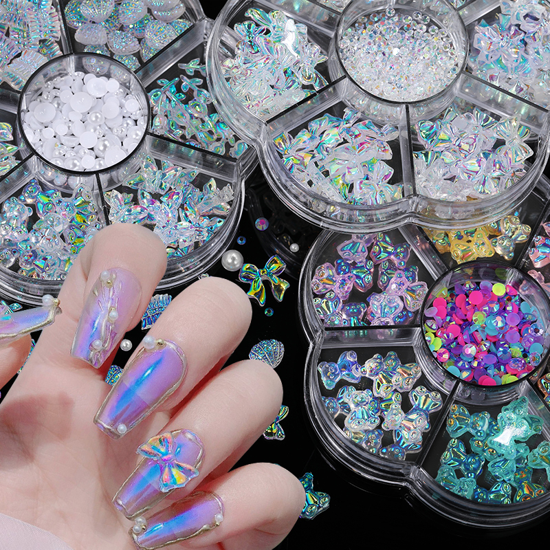 7Grids Mixed Styles Rhinestone Pearl 3D Decorations Bowknot Aurora Butterfly Beads Studs Crystals Nail Art Manicure Accessories