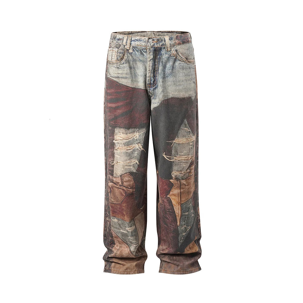 Autumn Frayed Patchwork Baggy Jeans Pants for Men and Women Straight Ripped Casual Denim Trousers Oversized Loose Cargos 240626