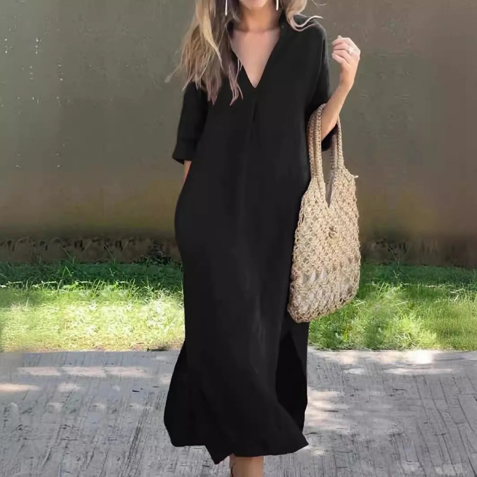 Womens Cotton And Linen Sundress 2024 Summer Fashion V Neck Long Maxi Dress Solid Color Short Sleeved Loose Casual Beach 240627