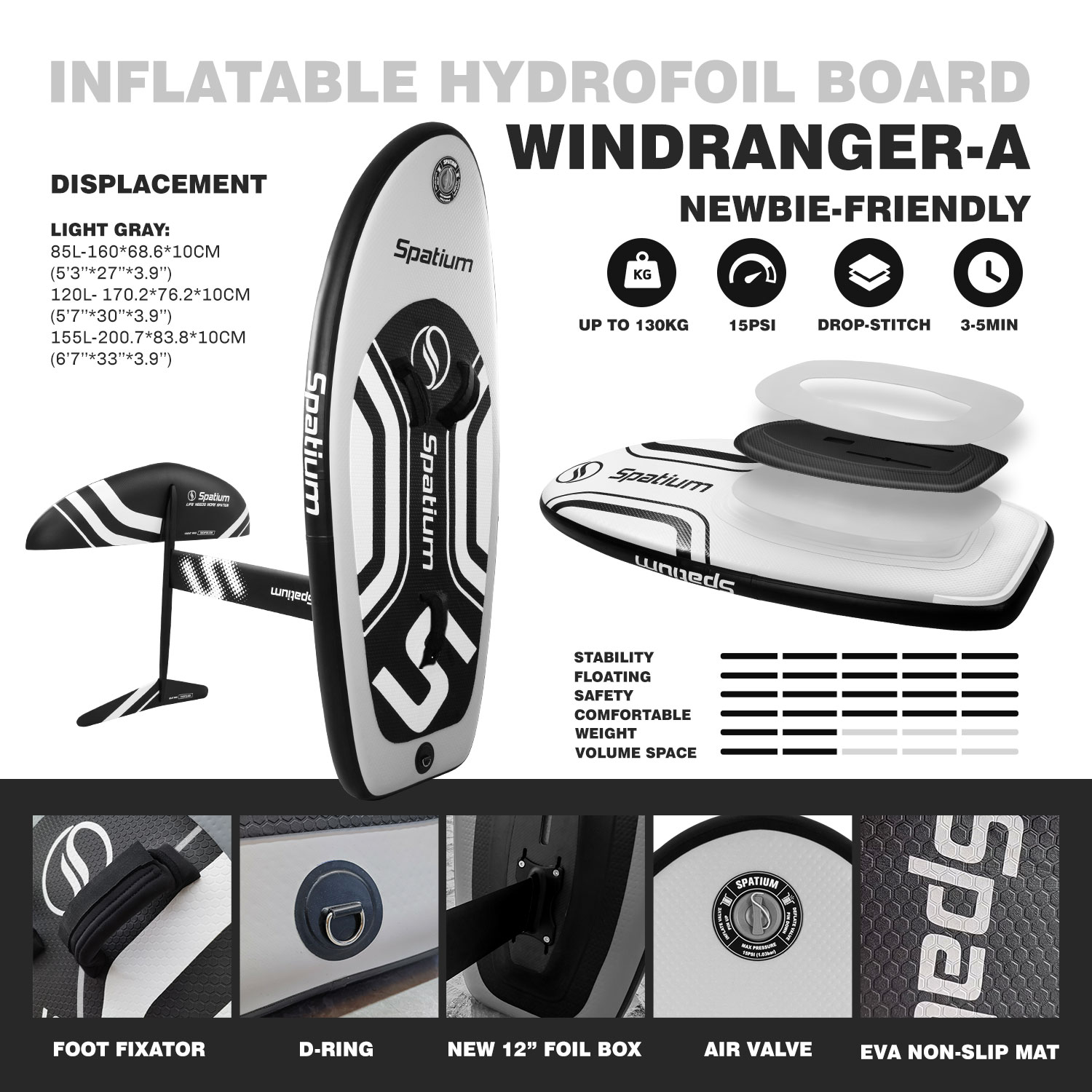 Spatium new water sports inflatable boat hydrofoil foil board wind surf rapid delivery for surfing