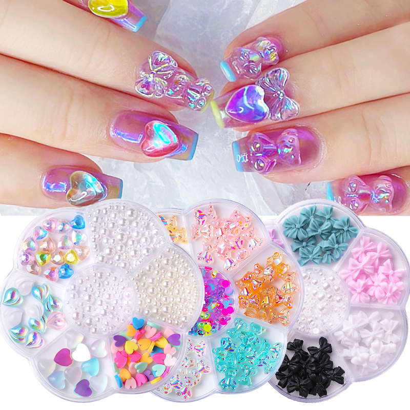 7Grids Mixed Styles Rhinestone Pearl 3D Decorations Bowknot Aurora Butterfly Beads Studs Crystals Nail Art Manicure Accessories