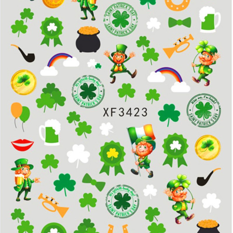 10 Sheets Green Irish Trefoil 3 Leaf Lucky Flowers St. Patrick's Day Adhesive Nail Art Stickers Decals Manicure Charms Suppliers