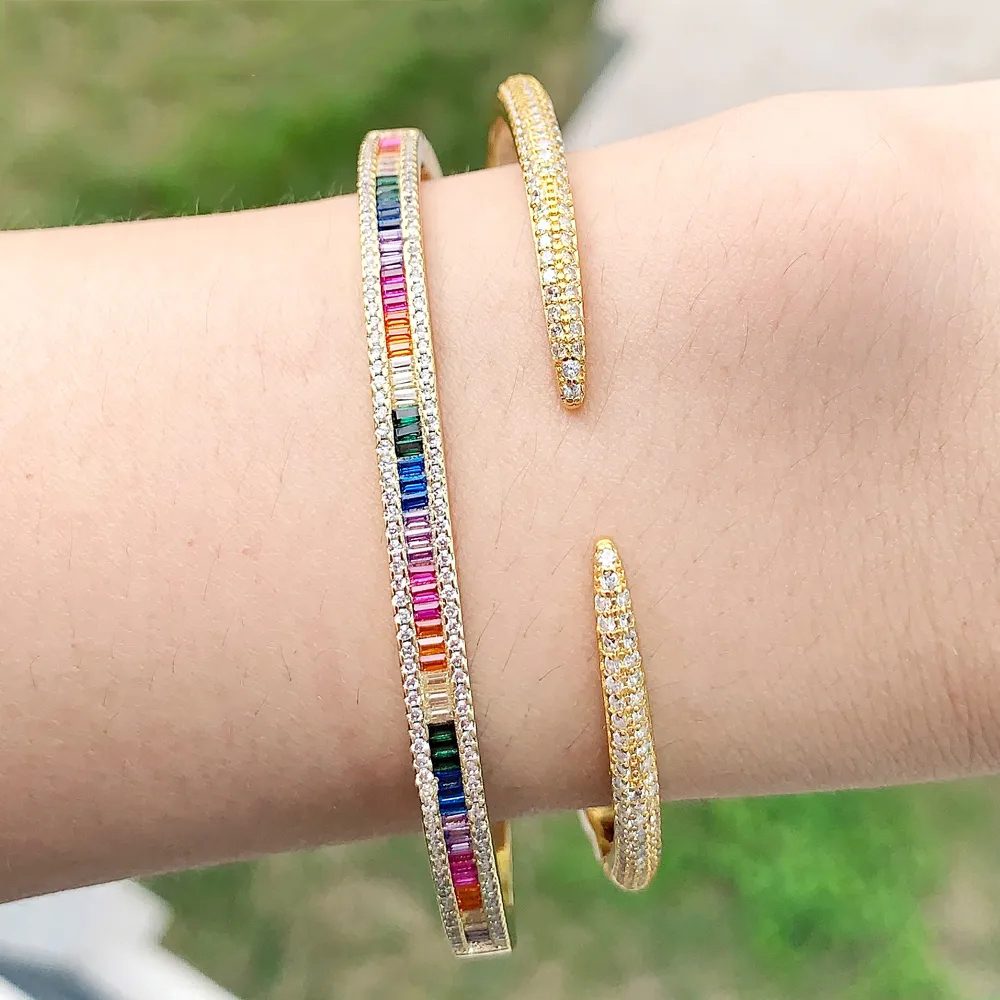 Hot Fine Delicate Bangle&bracelet Rainbow Gradual Bar Geometry Cz Spectacular Open Cuff Bangle Women Girl Christmas Gift 56-58mm