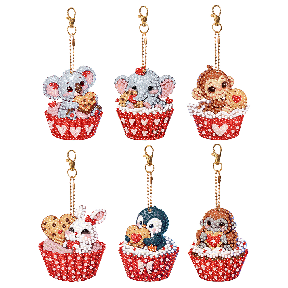 6 Pcs Double Sided Diamond Art Keyring Koala Rhinestone Painting Keychain Pendant Penguin for Birthday Crafting Home Party Decor
