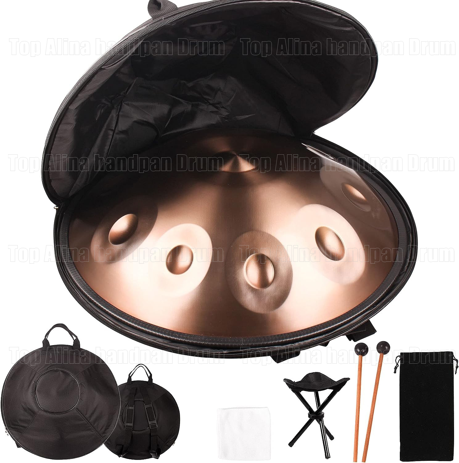 Handpan drum instrument in D Minor 9 /10 /12Notes 432Hz 22 inches Steel Hand Drum with Soft Hand Pan Bag 2 handpan mallet (Gold)