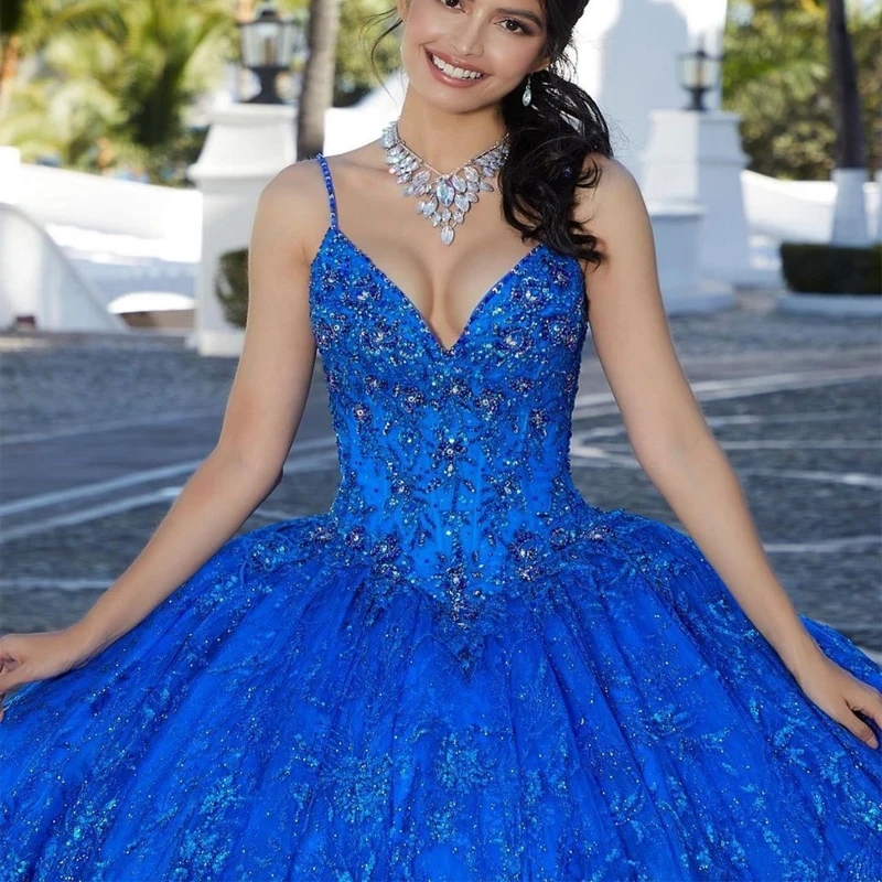 2025 Blue Quinceanera Dresses Sequin Lace Ball Gown Prom Dresses V-Neck Sweet 16 Dress Long Formal Dress