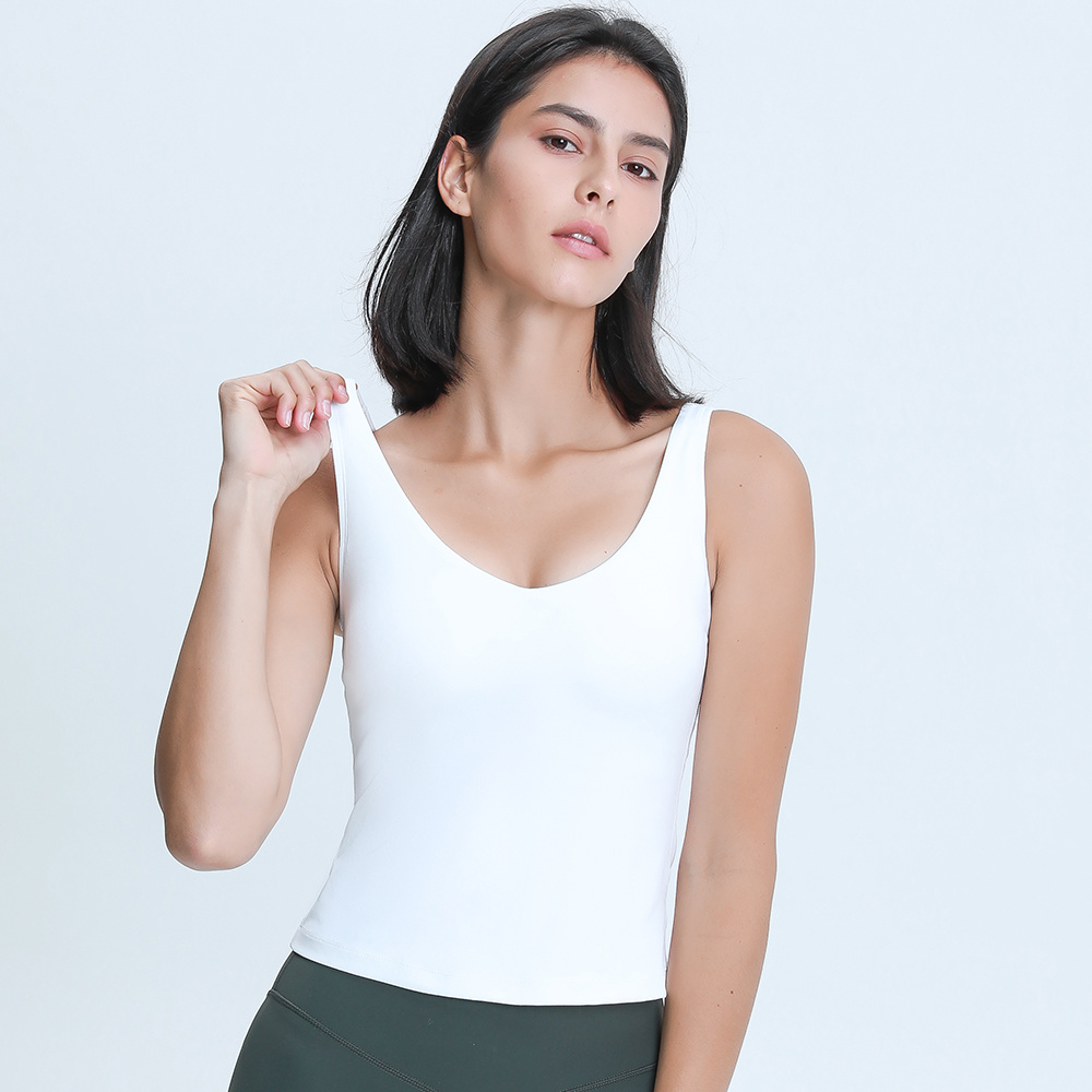 Women Waist-Length Tank Top V-neck Four-way Stretch Sweat-wicking Yoga Shirt With Removable Cups U-Back Cozy Soft Workout Vest
