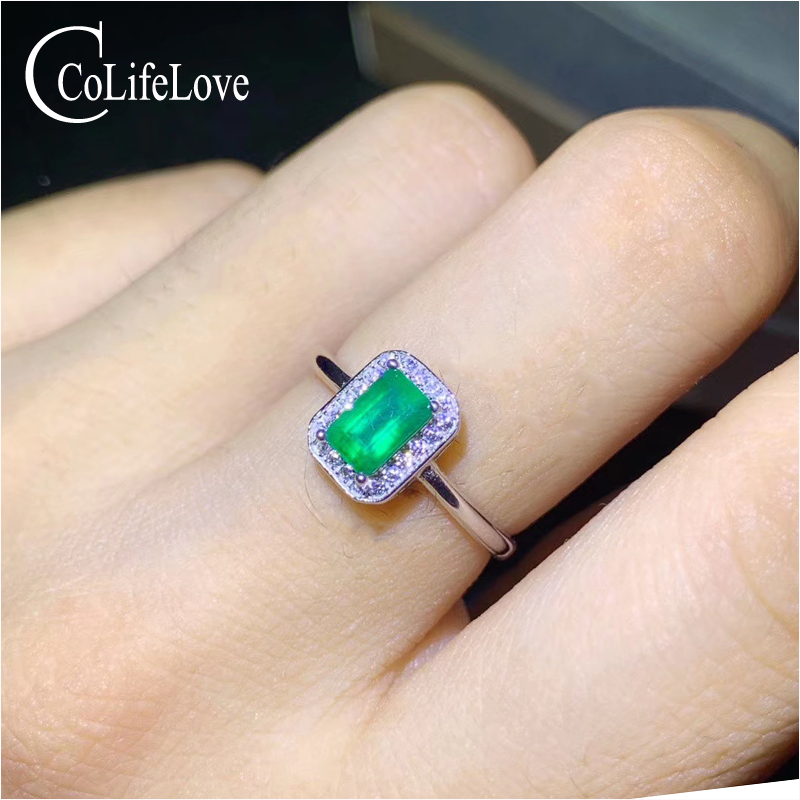 CoLife Jewelry 925 Silver Emerald Engagement Ring 4mm*6mm Natural Emerald Ring for Daily Wear Silver Gemstone Ring