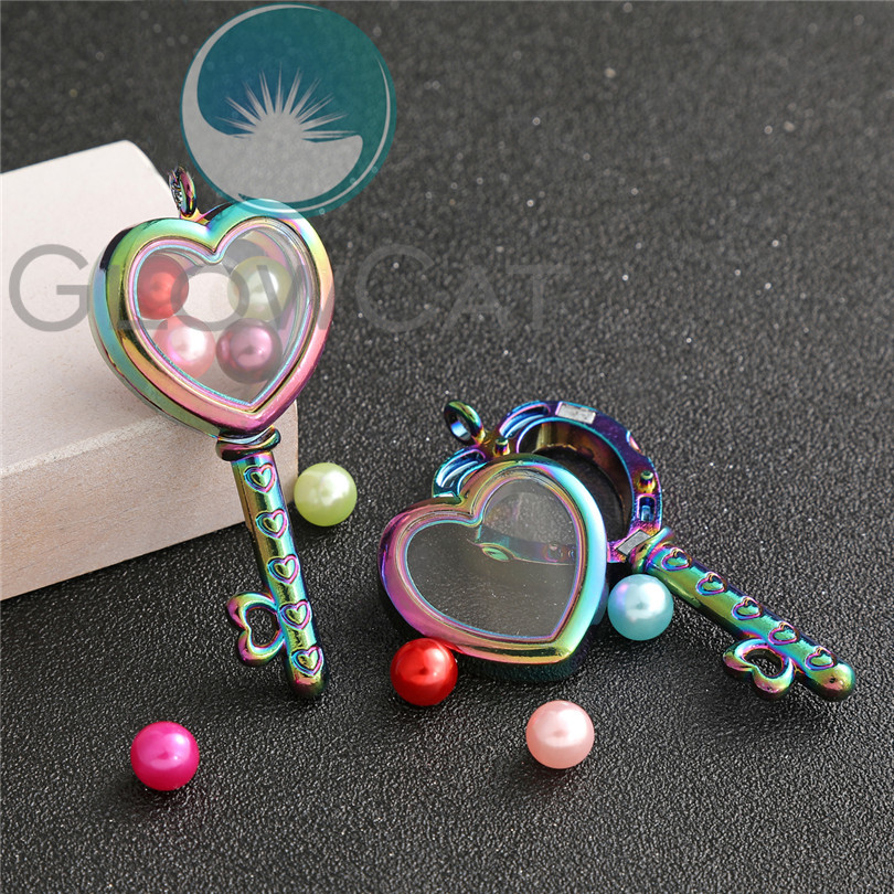 Heart Key Magnetic Glass Floating Charms Locket Pendant Living Memory Photo Lockets 5 Styles