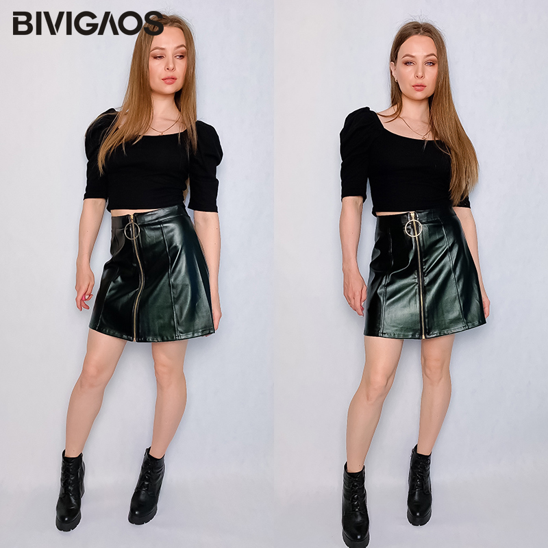 BIVIGAOS New Women's Large Ring Zipper PU Leather Skirt A-line Black High Waist Skirt Women Gothic Mini Skirt