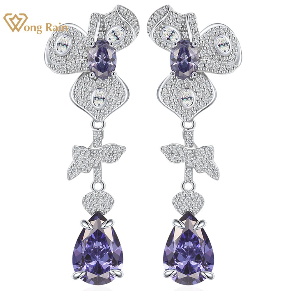 Wong Rain 100% 925 Sterling Silver Pear Cut Lab Sapphire Gemstone Flower Drop Dangle Earrings for Women Fine Jewelry Gifts