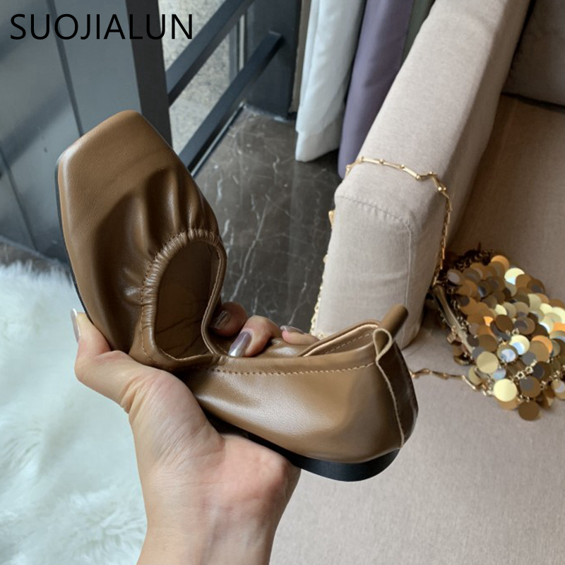 SUOJIALUN Autumn Women Flats Shoes Ballet Flat Slip On Casual Loafers High Quality Soft Women Square Toe Ballerina
