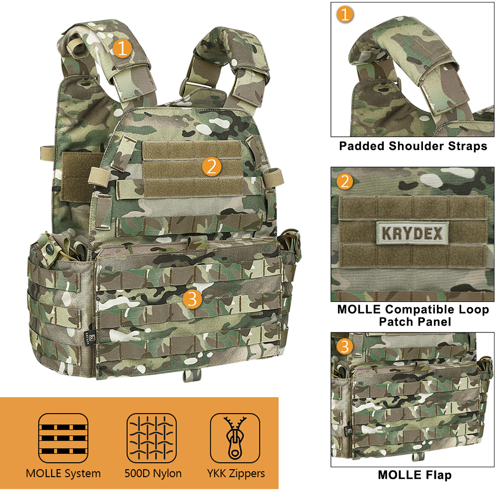 KRYDEX 500D Tactical Vest Body Armor Hunting Plate Carrier Airsoft Accessories Mag Pouch Camo Military Army 6094 Paintball Vest
