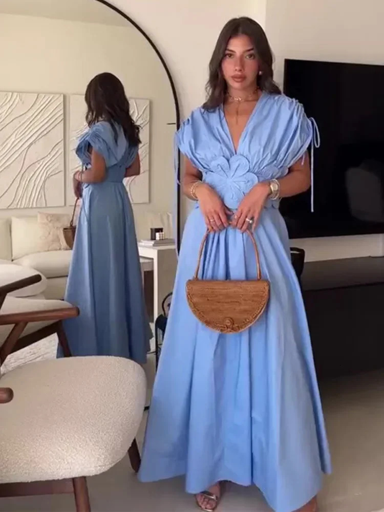 Women Elegant 3d Flower Solid Pleated Long Dress Chic V Neck Short Sleeved Drawstring Lace Up Robes Summer Ladies Party Dresses 240627