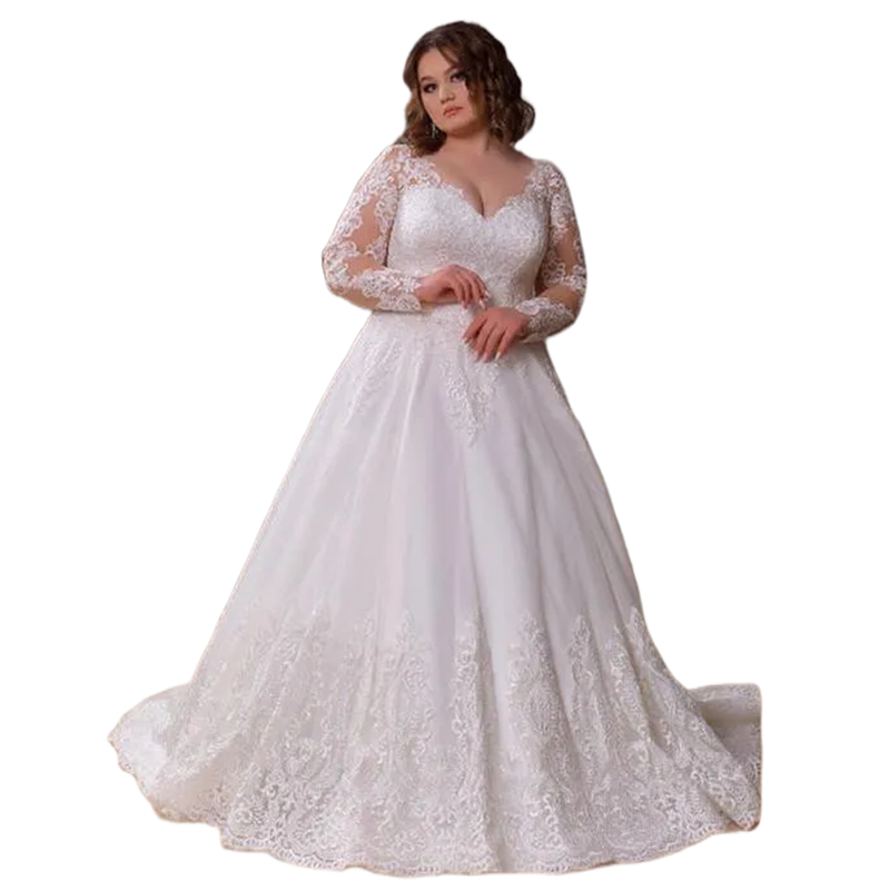 V-Neck Plus Size Wedding Dresses Long Sleeves Lace Appliques A-Line Bridal Gowns Illusion Heart Back Chapel Train Classic White Ivory Vestido de Novia