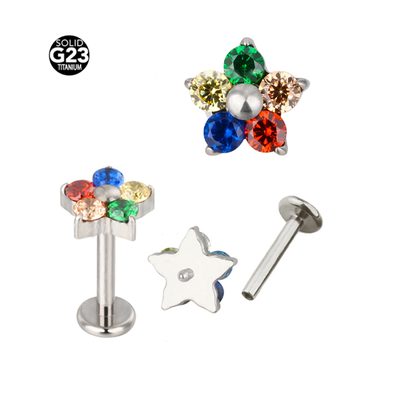 F136 Titanium Colorful Ear Studs for Women 16G Flower Snowflake Heart CZ Top Tragus Cartilage Helix Conch Daith Earrings Piercin
