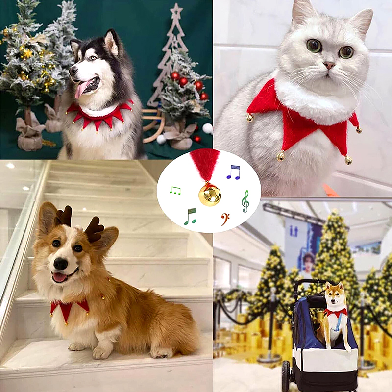 Christmas Dog Cat Xmas Scarf With Bells Puppy Bib New Year Pet Necklace Collar Small Dog Holiday Party Costume Accessories