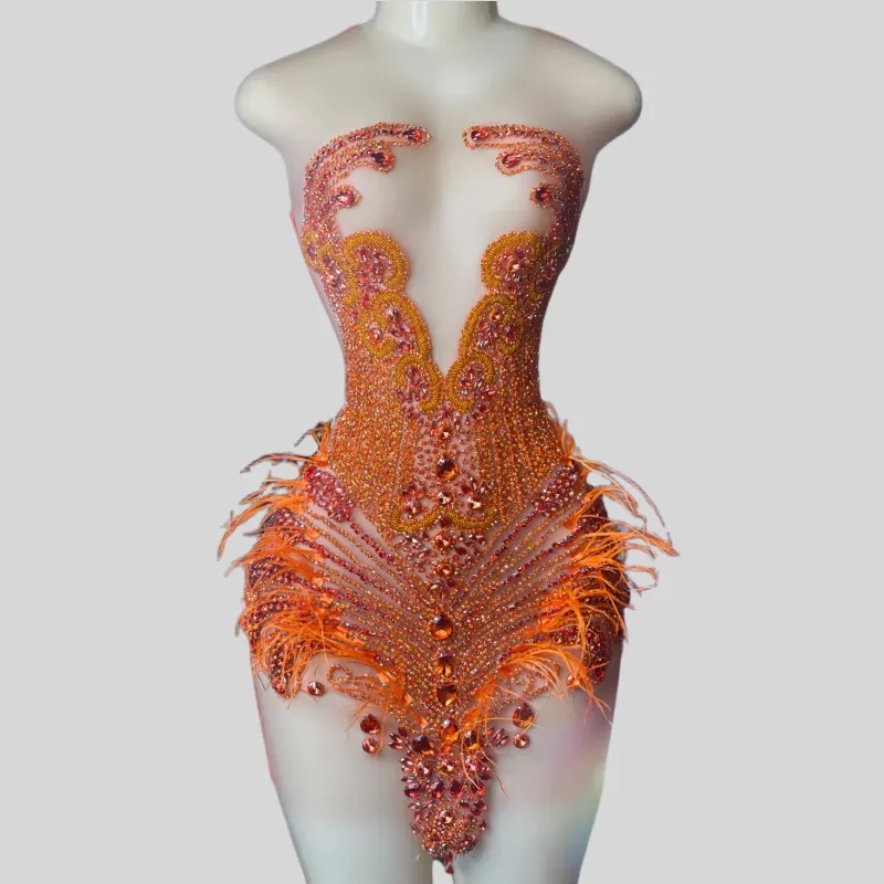Orange Crystals Feather Short Prom Dresses For Black Girls See Through Sexy African American Cocktail Dresses Birthday Party Homecoming Gowns J026