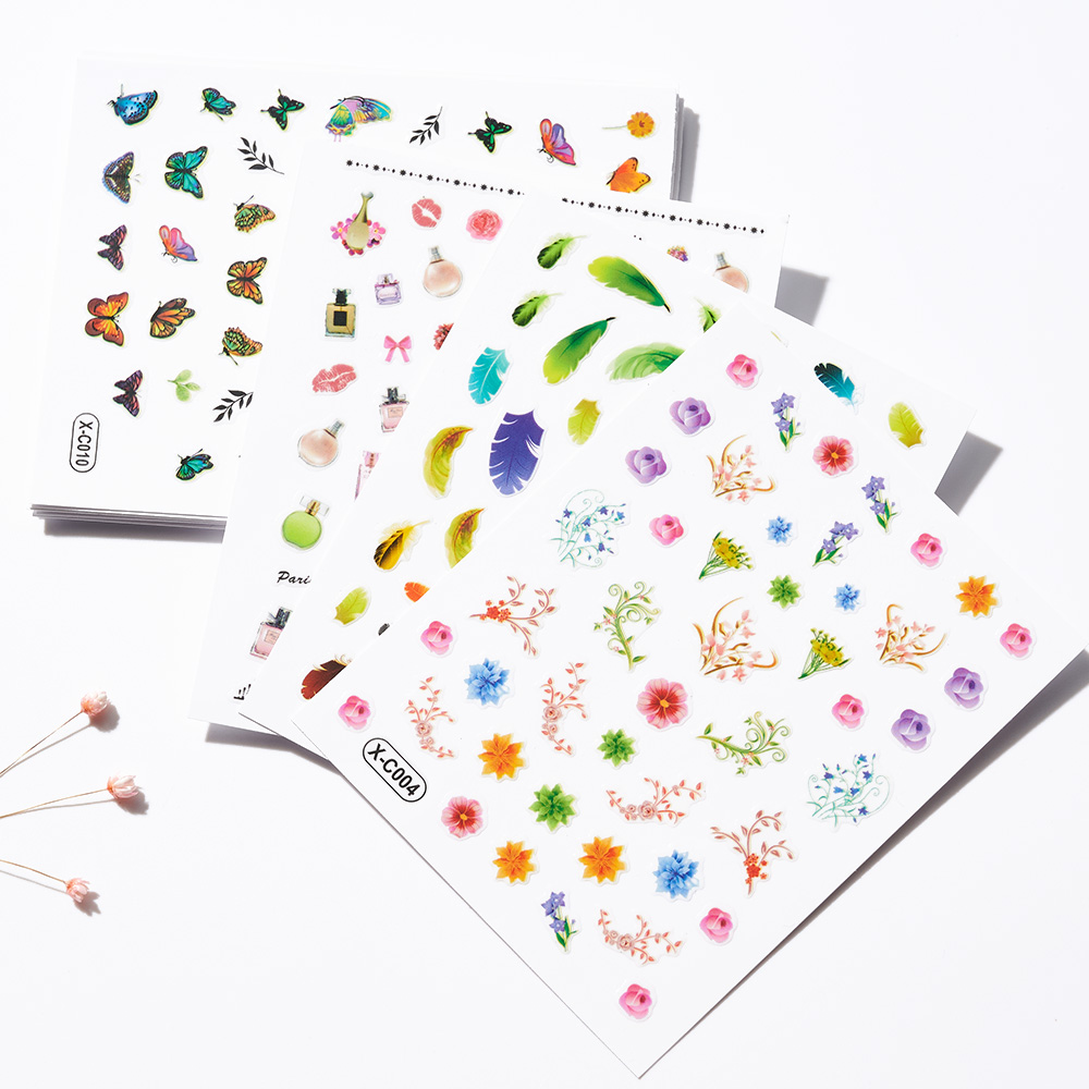 1 Set 24/30/50 Sheet Random Nail Art Sticker Transparent Bottom White Black Blue Flower Butterfly Series 3D Nail Sticker