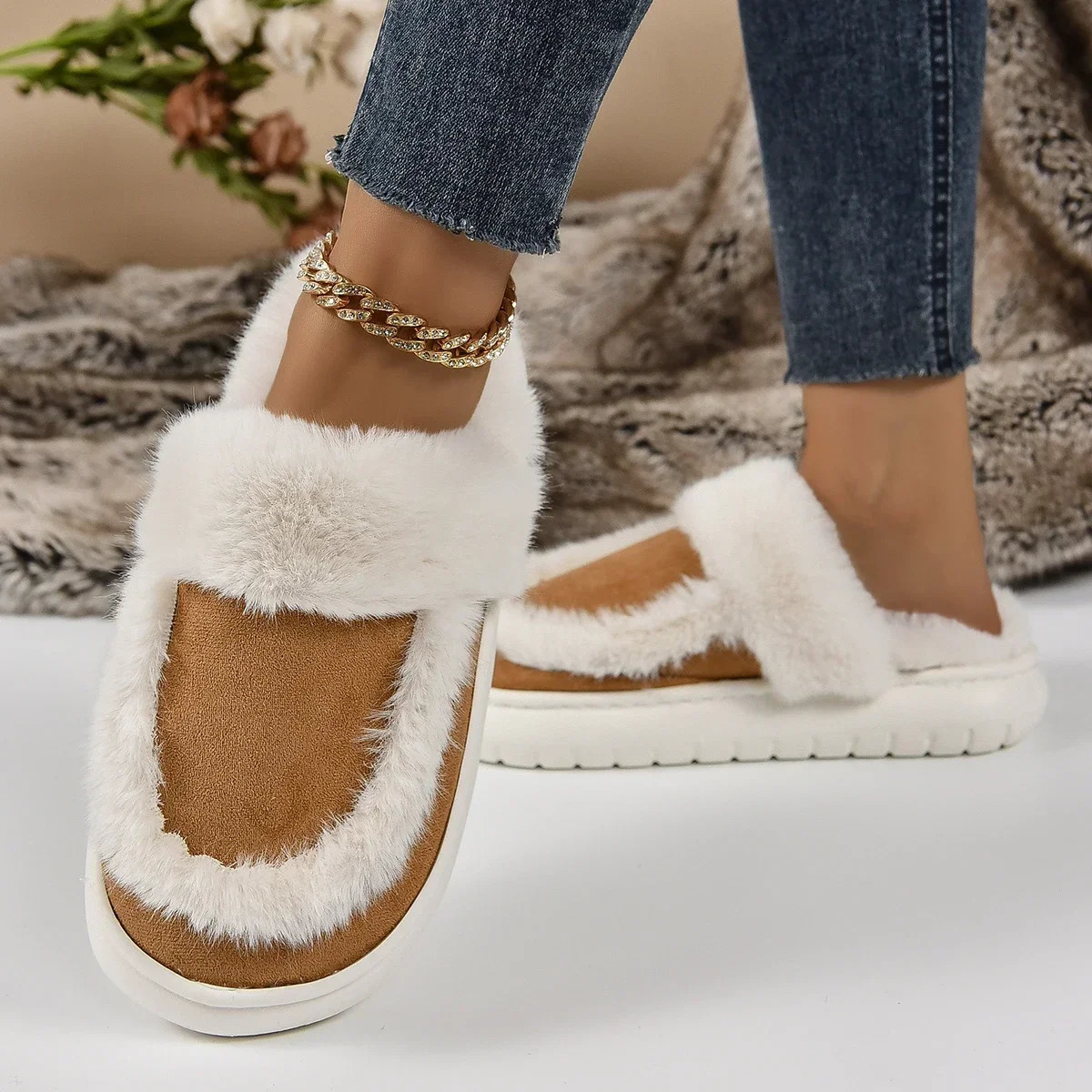Winter Women Platform Fur Slippers Warm New Short Plush Flats Home Cotton Shoes Suede Slippers Slides Women Claquette Femme 240629