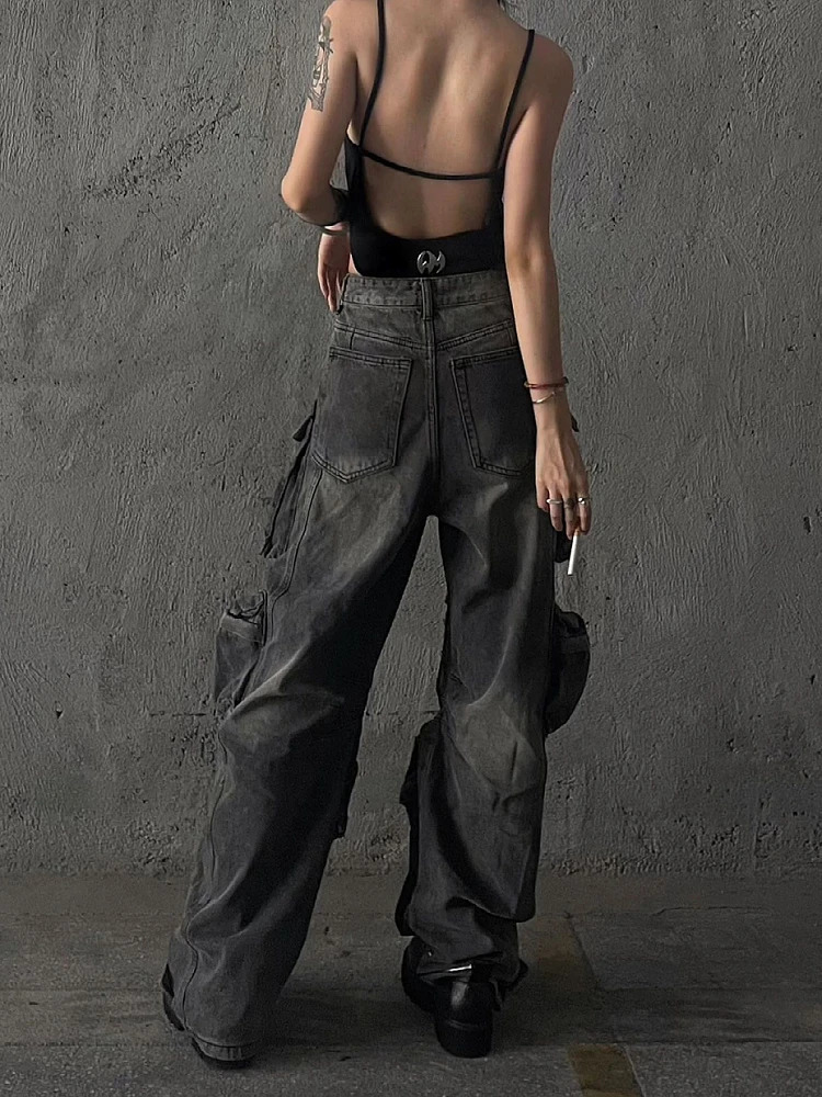 Women Baggy Y2K Goth Cyber Punk Denim Pants Cargo Mom Jeans Grunge Dark Academia Harajuku Fashion Stacked Hippop 240626