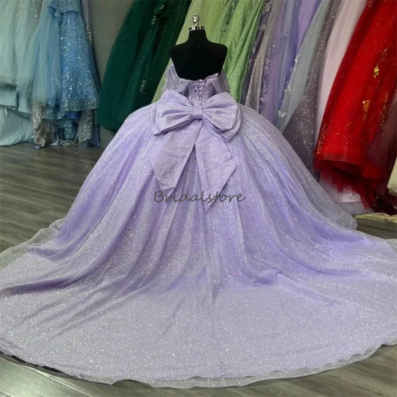 Glitter Lilac Quinceanera Dresses 2024 Charro Off Shoulder Vestidos De 15 Anos Quinceanera Corset Birthday Fifteen Party Gowns Big Bow Back Vestidos D