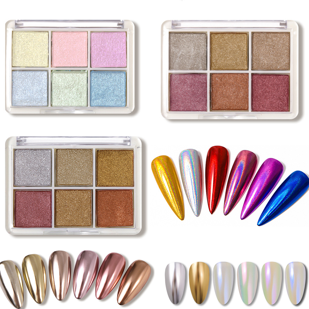 6 Colors Laser Aurora Solid Mirror Nail Glitter Powder Gold Silver Nails UV Gel Polish Pigment Dust Nail Accessories Decoration