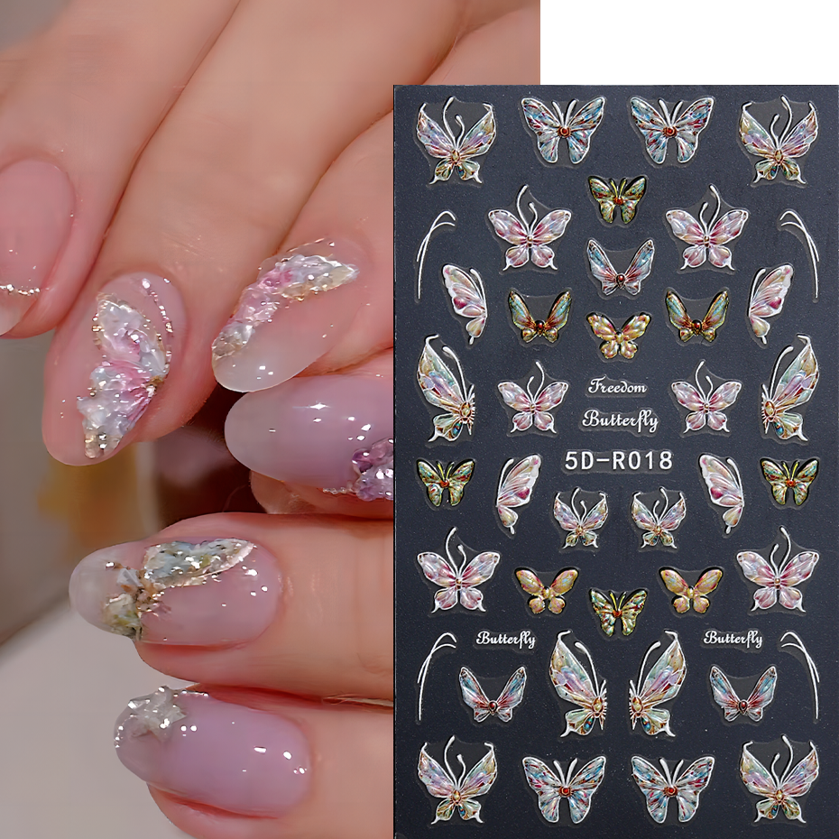 Aurora Butterfly Nail Stickers 5D Relief Color Glitter Butterfly Design Nail Art Decals Watercolor Butterflies Manicure 5D-R018