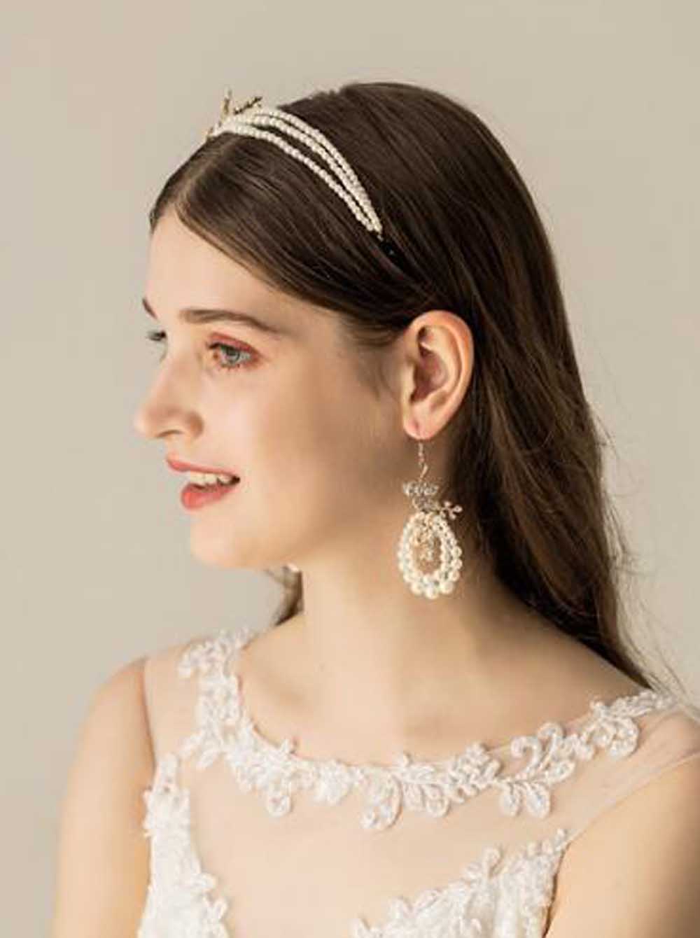 Gold Rhinestone Leaf Pearls Wedding Headband Tiara with Earrings Crystal Headpiece Bridal Hair Accessories for Bride Women