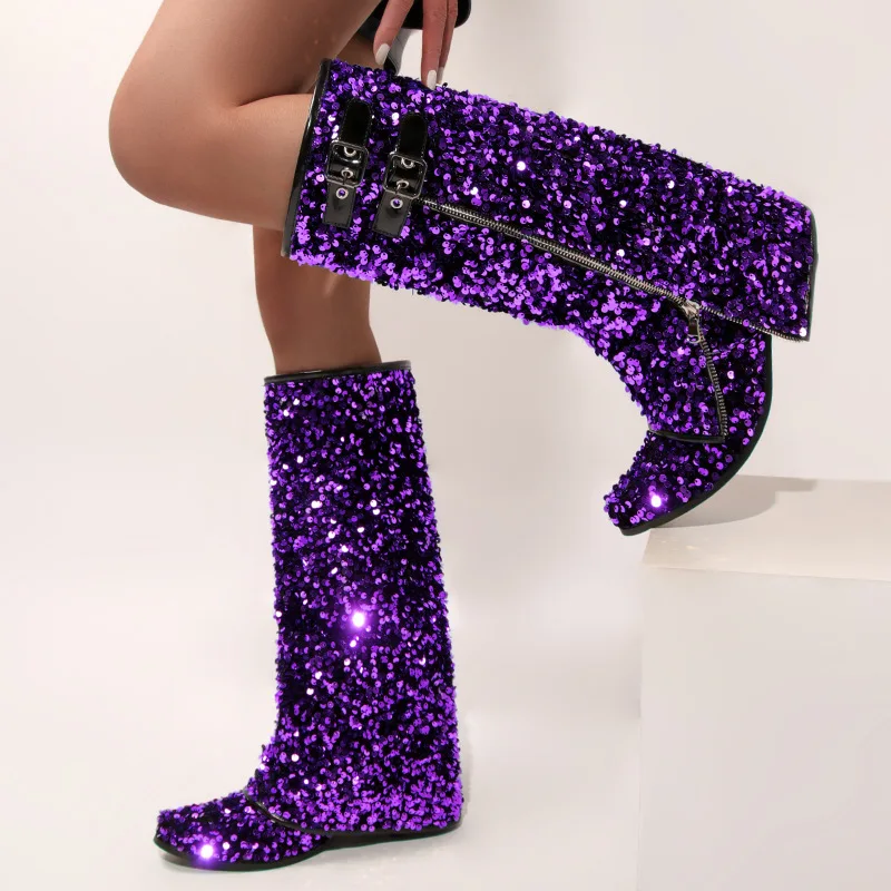 Spring Fold Over Pink Gold Sequined Cloth Cowboy Western Boots Glitter Purple Blue Bling Bling Cowgirl Calf Boot Party Shoe 43