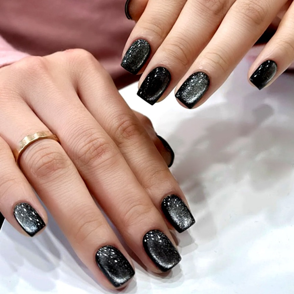 24Pcs Fashion Cat's Eye Fake Square Head French Nail Press on Nails Detachable Rhinestone Waterproof Faux Fingernails F629-9