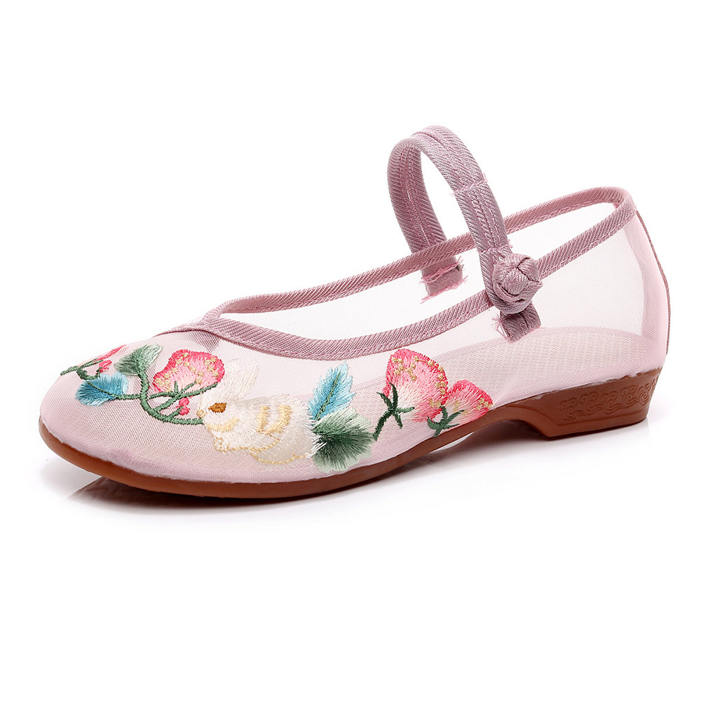 Veowalk See-through Summer Women Gauze Fabric Ballet Flats Flower Embroidered Flat Shoes with Buckles Old Beijing Ballerinas