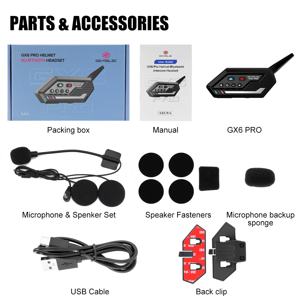 GEARELEC GX6 PRO Motorcycle Bluetooth Helmet Intercom Headset 2 Riders 1000M BT Interphone Communicator Speaker Voice Control
